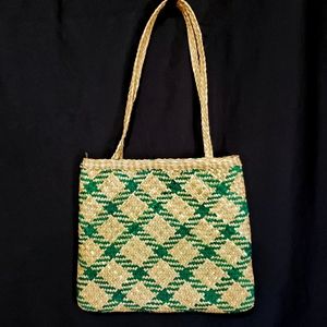 Green plaid rattan handbag